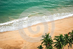 Letecký pohled z mořský záliv vlny rozbíjení na písek pláž palma stromy 