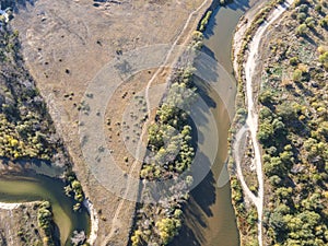 Aerial view of Maritsa River near village of Orizari, Bulgaria