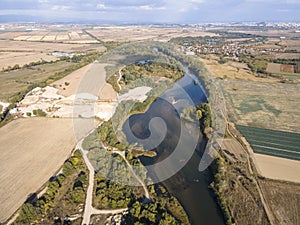 Aerial view of Maritsa River near village of Orizari, Bulgaria