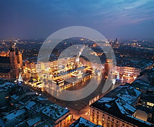 Aerial view of the Market Square in Krakow, Poland at night