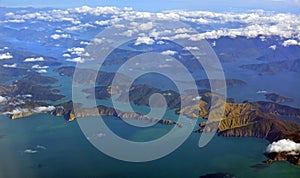 Aerial view of the Marlborough Sounds on an Autumn Morning