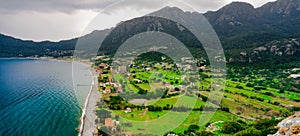 Aerial view from Marmaris, Kumlubuk beach, sea and mountain. Holiday and summer background. Amos Ancient city. Lycian way