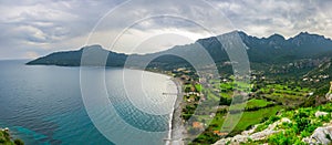 Aerial view from Marmaris, Kumlubuk beach, sea and mountain. Holiday and summer background. Amos Ancient city. Lycian way