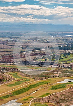 Aerial view on Marrakesh luxury suburbs with golf club