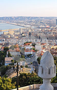Aerial view of Marseille from basilica of Notre Dame de la Garde in Marseille, France.