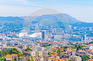 Aerial view of Marseille and Stade Velodrome, France