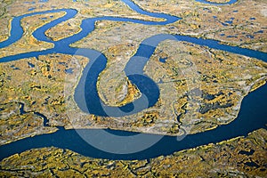 Aerial view of marsh, wetland abstraction of salt and seawater, and Rachel Carson Wildlife Sanctuary in Wells, Maine