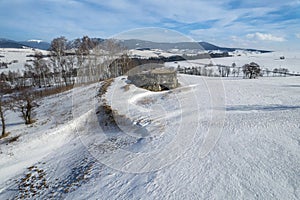 Aerial view of the massif of the Kralicky Sneznik mountain with fort in the foreground