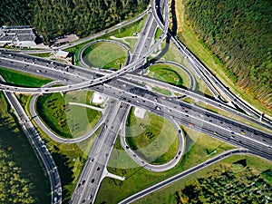 Aerial view of a massive highway road intersection in Moscow city, Russia