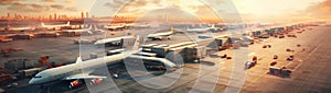 An aerial view of a massive international airport with planes on the runway, cargo containers being loaded, and trucks