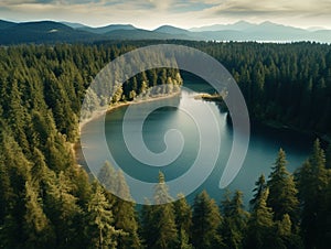 Aerial view of massive river streaming through dense fir forest. Cloudy sky.