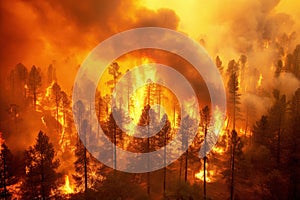 Aerial view of massive wildfire or forest fire with burning trees and orange smoke. Generative AI.