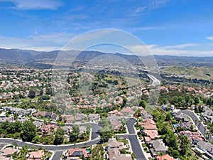 Aerial view of master-planned private communities with big villas with swimming pool, Mission Viejo.