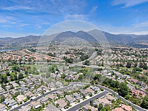 Aerial view of master-planned private communities with big villas with swimming pool, Mission Viejo.