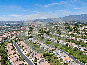 Aerial view of master-planned private communities with big villas with swimming pool, Mission Viejo.