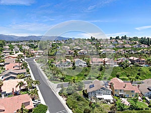 Aerial view of master-planned private communities with big villas with swimming pool, Mission Viejo.