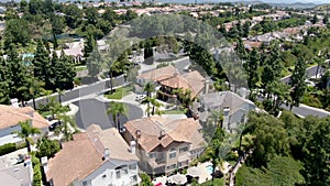 Aerial view of master-planned private communities with big villas with swimming pool, Mission Viejo.