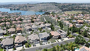 Aerial view of master-planned private communities with big villas with swimming pool, Mission Viejo.