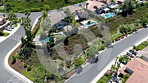 Aerial view of master-planned private communities with big villas with swimming pool, Mission Viejo.