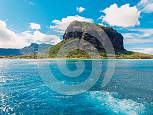 Aerial view of Mauritius panorama and Le Morne Brabant mountain and ocean water