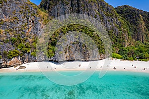 Aerial view of Maya bay beach in koh Phi Phi Leh, Krabi, Thailand