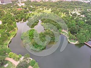 Aerial view McGovern lake surrounded by green tree at Hermann Park in Houston, Texas, America