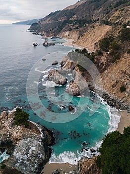 Aerial view of McWay Falls on the coast of California