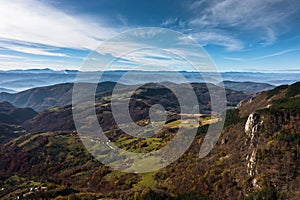 Aerial view of meadows and rolling hills in autumn, Bobija mountain