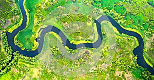 Aerial view of meander in the delta