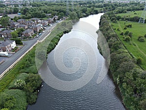Aerial view of a meander in the River Mersey,  Warrington, England, United Kingdom
