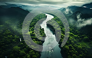 Aerial View of a Meandering River Flowing Through a Dense Green Rainforest with Misty Atmosphere and Lush Foliage