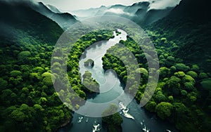 Aerial View of a Meandering River Flowing Through a Dense Green Rainforest with Misty Atmosphere and Lush Foliage