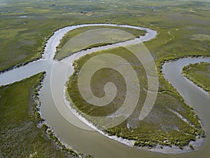 Aerial view of meandering tidal estuary and salt marsh on the coast of South Carolina, USA