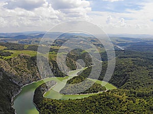 Aerial view meanders of river Uvac, landscape panorama