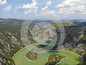 Aerial view meanders of river Uvac, landscape panorama
