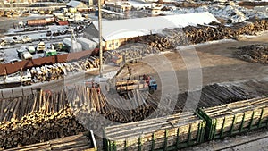 Aerial view of Mechanical gripper loading lumber on to truck for transportation. Forest cutting concept. A logging train