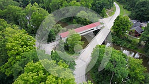 Aerial view of Mechanicsville Covered bridge in Ashtabula county, Ohio, USA