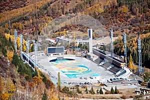 Aerial view of the Medeo stadium in Almaty, Kazakhstan