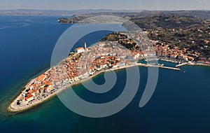 Aerial view of mediaeval coastal town Piran in Slovenia