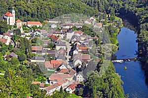 Aerial view of medieval castle Hardegg and town with river Dyje,summer