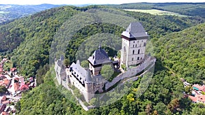 Aerial view of Medieval castle Karlstejn in Czech republic, Drone view