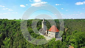 Aerial view of medieval castle Kokorin nearby Prague in Czechia. Central Europe. Medieval gothic castle Kokorin, Kokorinsko