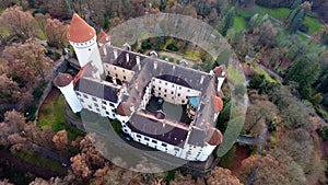 Aerial view of Medieval castle Konopiste in Czech republic, Drone view