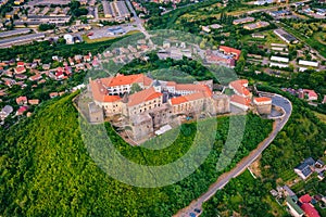 Aerial view of medieval castle Palanok, Mukachevo Munkacs, Transcarpathia Zakarpattia, Ukraine. Summer landscape