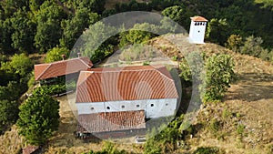 Aerial view of Medieval Churilovo monastery dedicated to Saint George, known as monastery with the devils, Bul