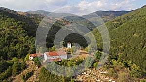 Aerial view of Medieval Churilovo monastery dedicated to Saint George, known as monastery with the devils, Bul