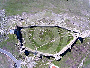 Aerial view of medieval fortress Enisala. Top down view.