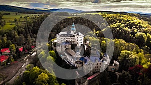 Aerial view of Medieval Gothic and Renaissance style castle on top of the hill in Frydlant