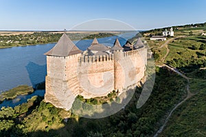 Aerial view of medieval Khotyn fortress on a Dniestr river, Chernivtsi region, Ukraine photo