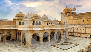 Aerial view of medieval royal palace architecture at Amer Fort at Jaipur, Rajasthan, India